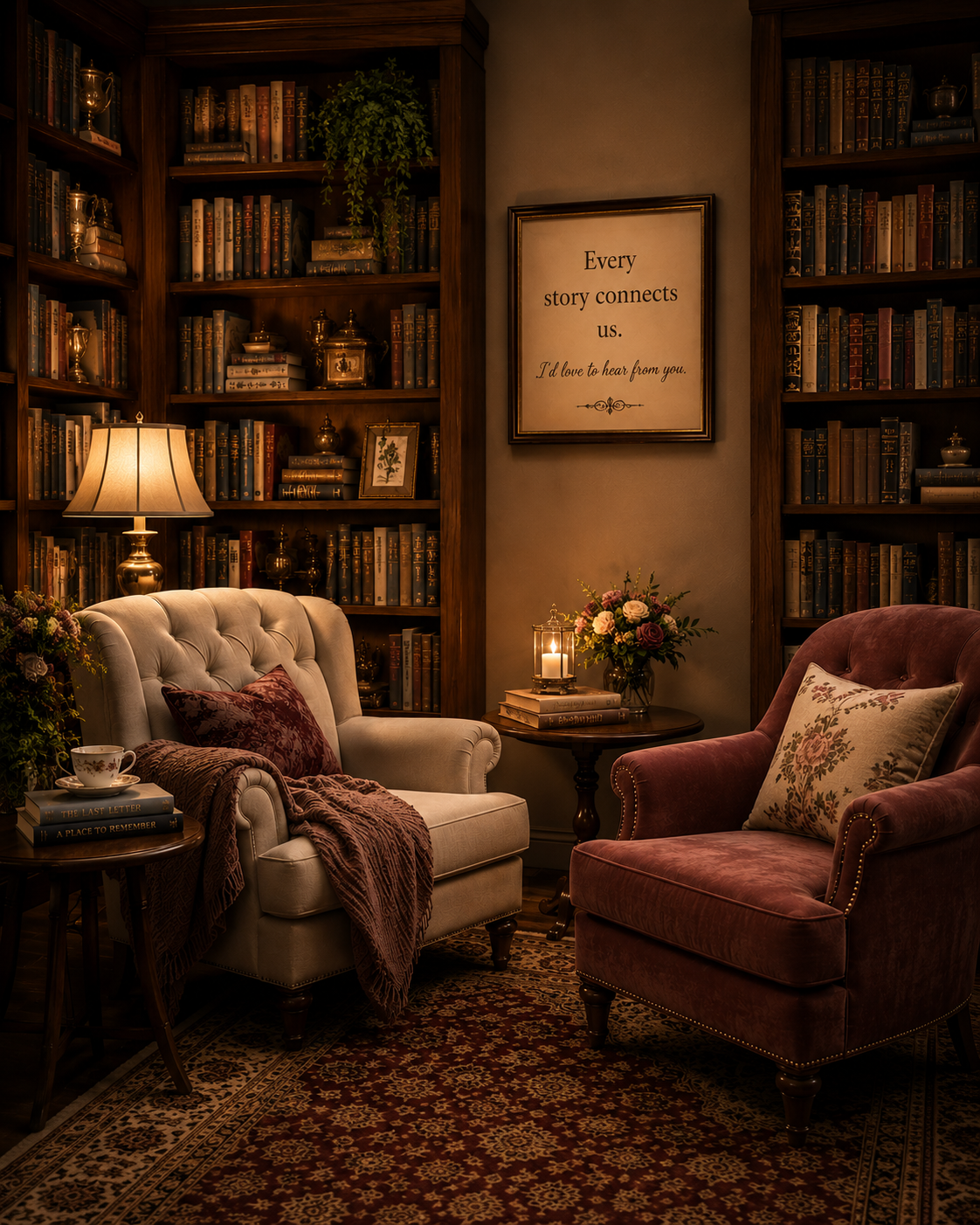 Cozy reading corner with bookshelves, armchairs, lamp, and framed wall quote