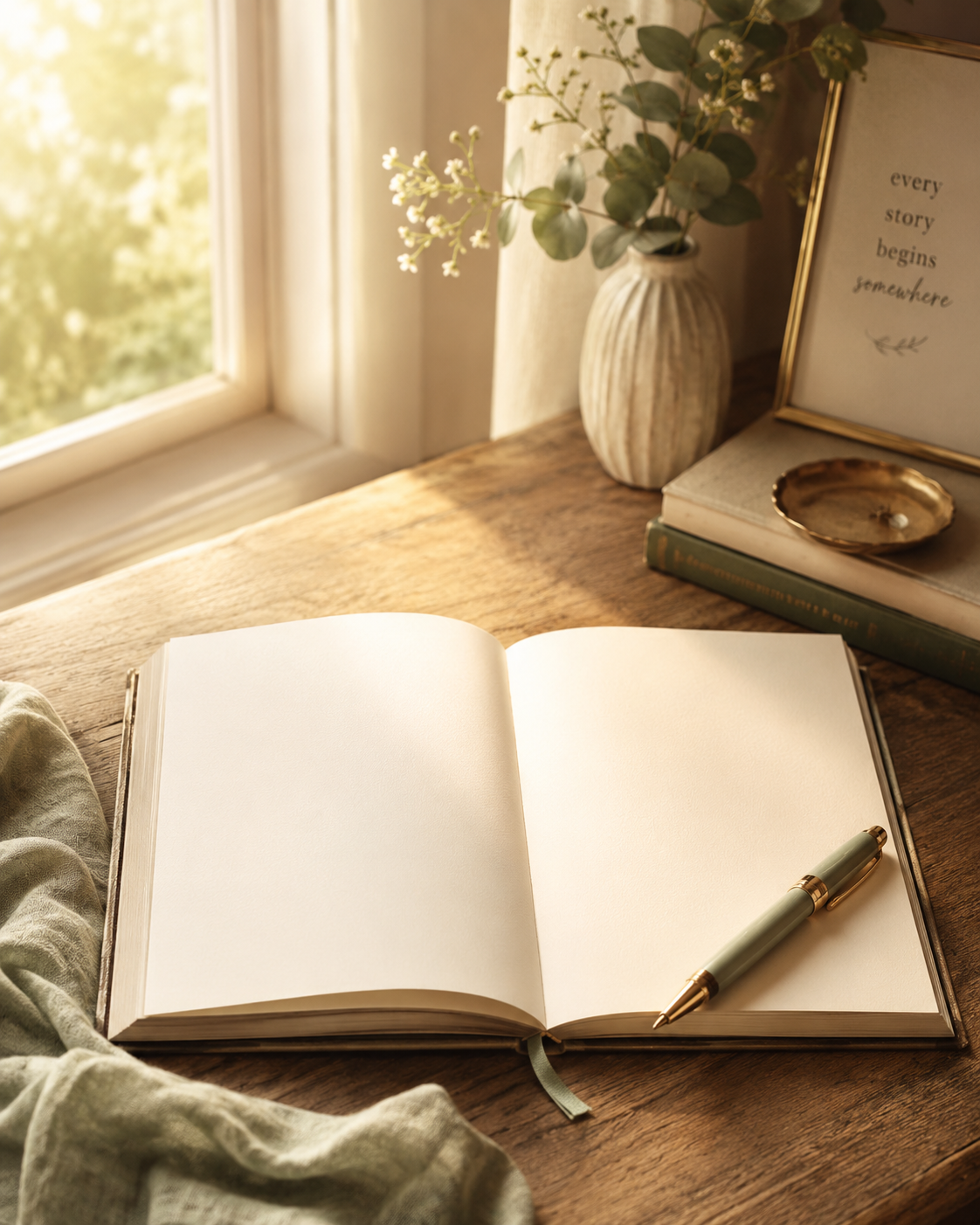 Blank notebook on a quiet writing desk near a sunlit window