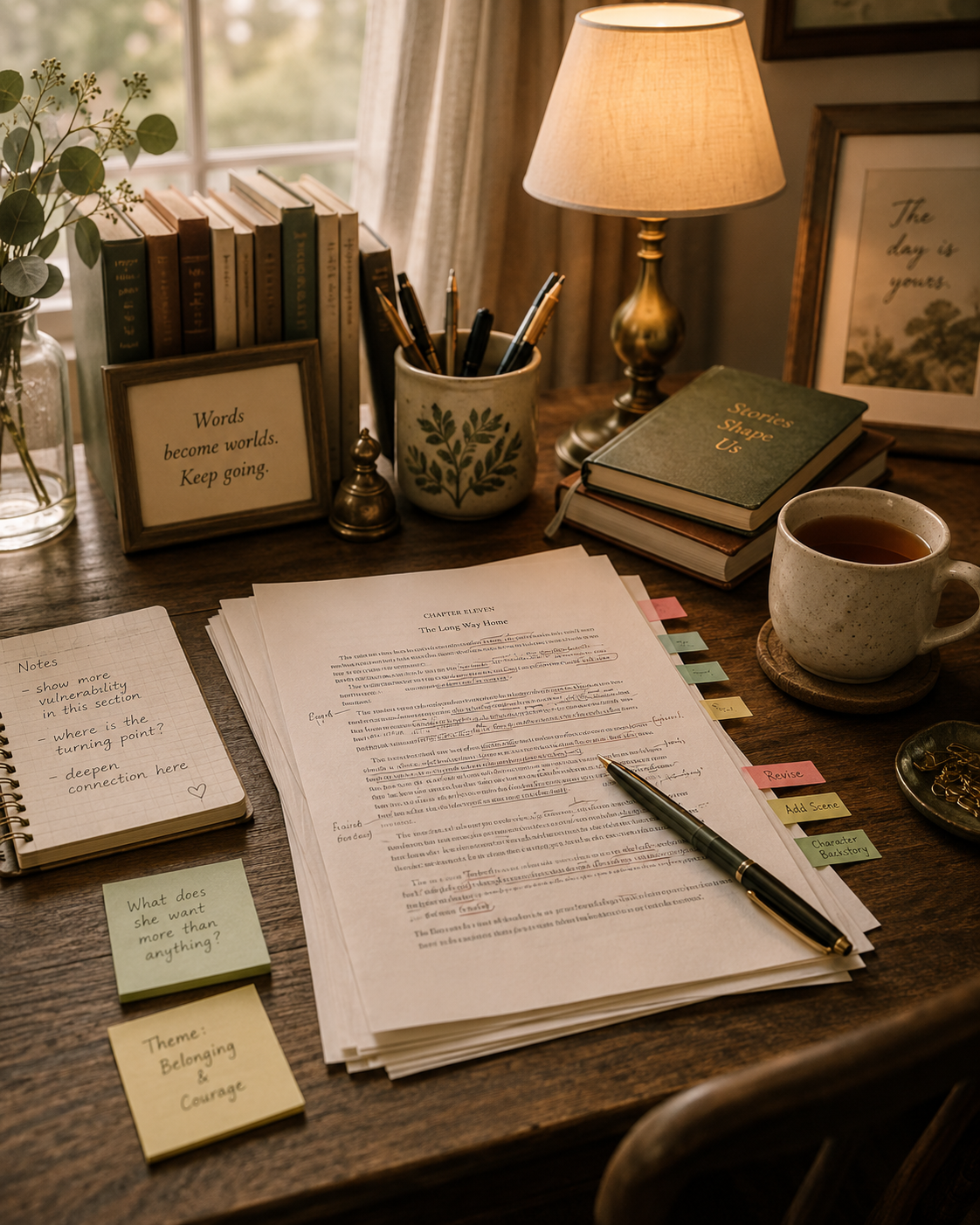 Writing desk with notes, tabs, books, and coffee for organizing a manuscript