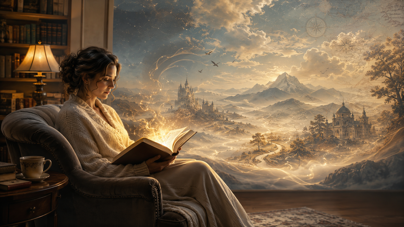 Woman reading beside a glowing imaginative landscape