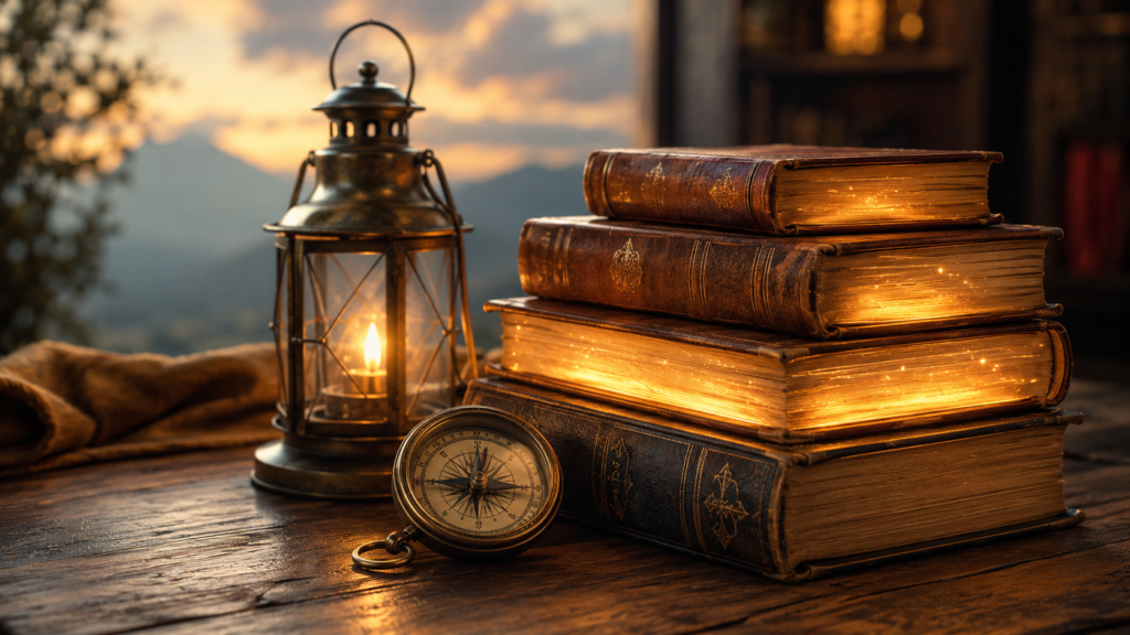 Lantern, compass, and old books on a wooden table