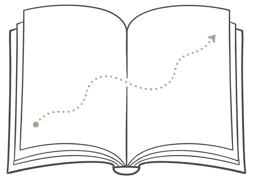 Line drawing of an open book with a dotted path across the pages