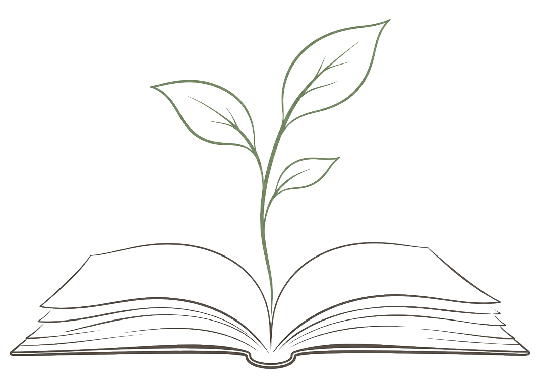 Line drawing of a seedling growing from an open book